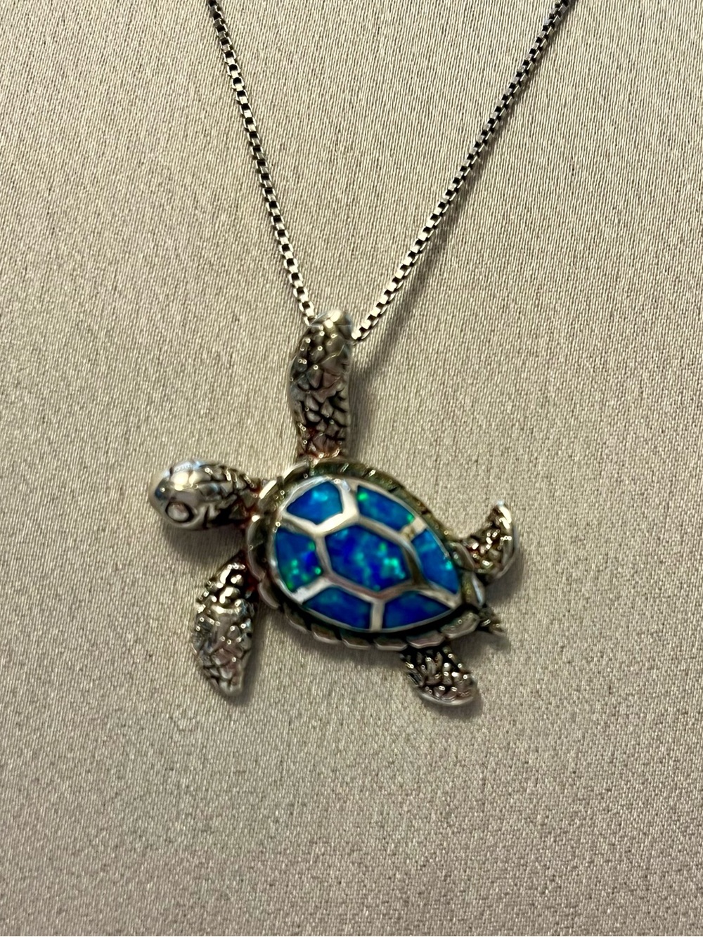 Silver Sea Turtle Pendant Necklace with Blue Opal Inlay 925 Sterling